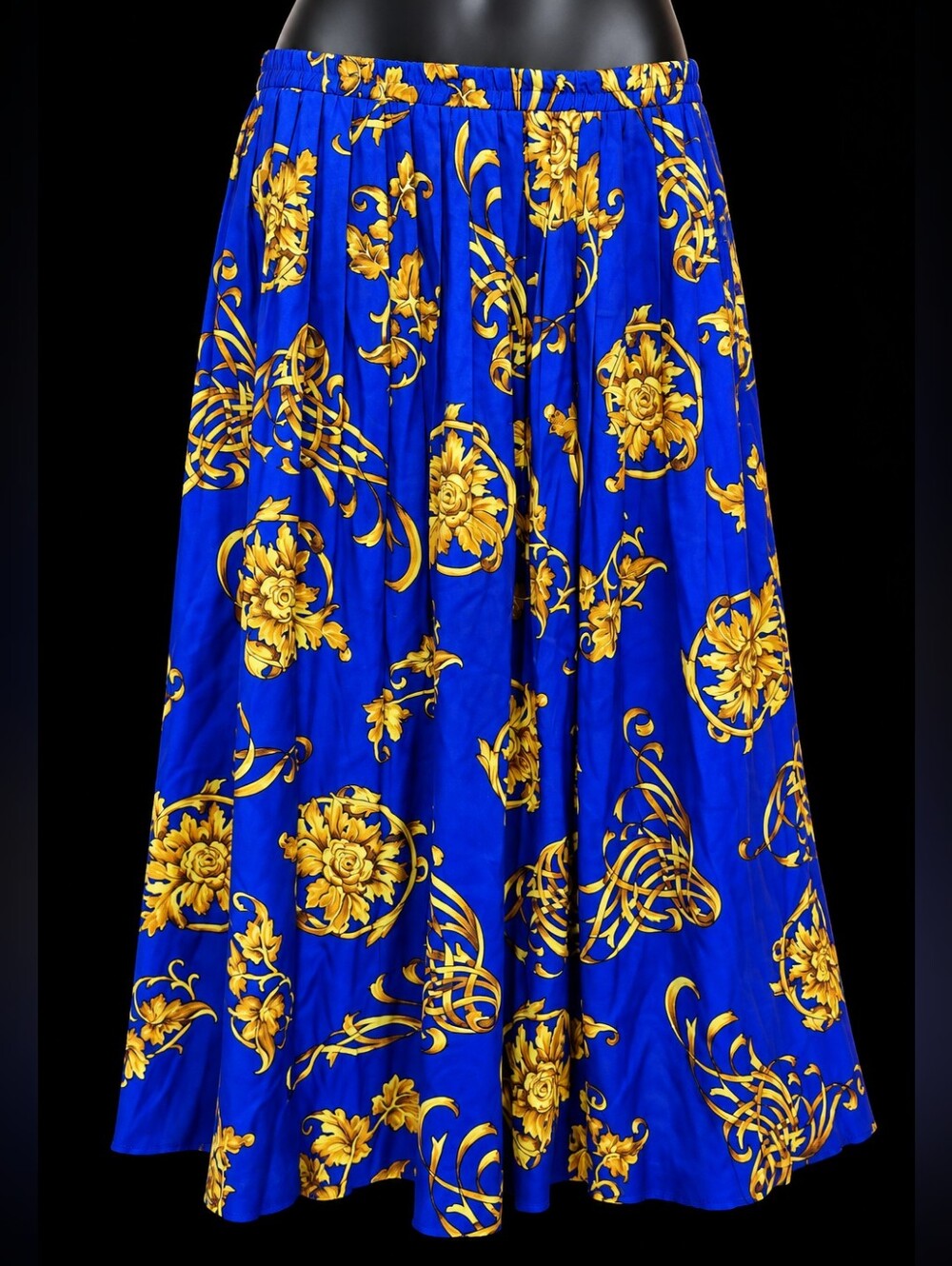 Vintage 80s Royal Blue Gold Baroque Floral Runway Midi Skirt M